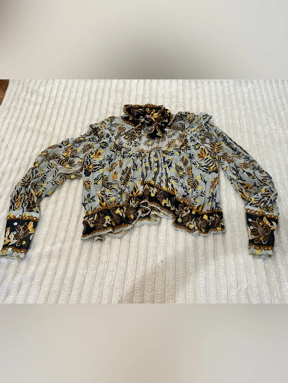 FARM Rio Sheer Floral High-Neck Blouse in White, Mustard and Black EUC